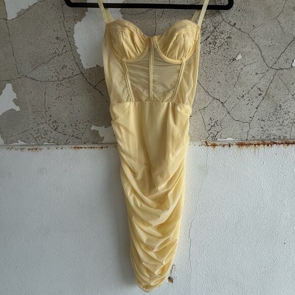 Tic Toc Dresses & Skirts - Y2K Corset Dress Ruched Sheer Mesh Bodycon Mini Yellow Womens S‎ Coquette Glam